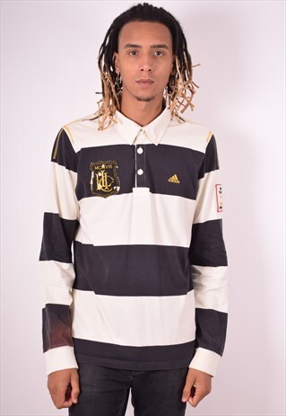 ADIDAS MENS VINTAGE RUGBY POLO SHIRT LONG SLEEVE LARGE NAVY