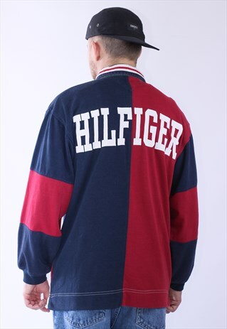 VINTAGE MENS TOMMY LONG SLEEVE POLO SHIRT TOP BIG LOGO