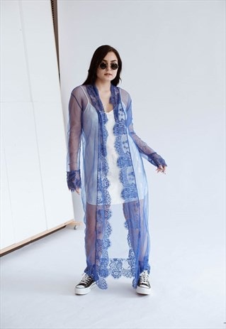 Vintage Maxi Long Sleeve Sheer Floral Lace Kimono Blue S/M