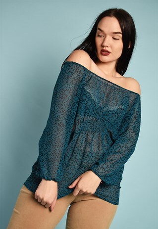 Y2K RETRO OPTICAL PRINT SHEER FESTIVAL BLOUSE TUNIC TOP