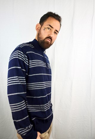 VINTAGE NAVY BLUE STRIPED POLO RL 1/4 ZIP JUMPER