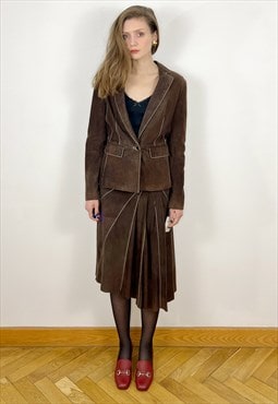 Rare designer Brown Suede Leather Blazer and Skirt Suit