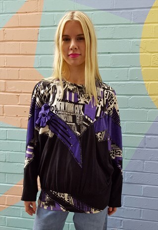 T SHIRT, BLACK LONG SLEEVED BATWING TOP WITH PRINT & SEQUINS