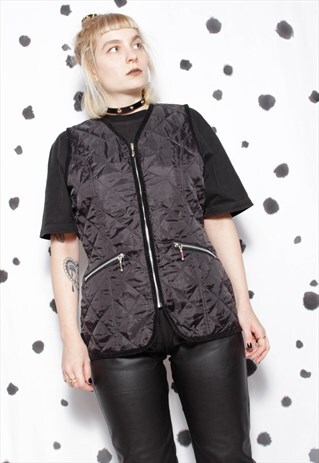 90S GRUNGE Y2K GOTH BLACK SATIN QUILTED UTILITARIAN ZIP VEST