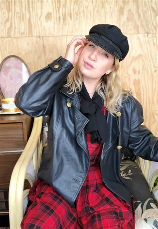 VINTAGE 80S NAVY LEATHER JACKET WITH GOLD DETAILS