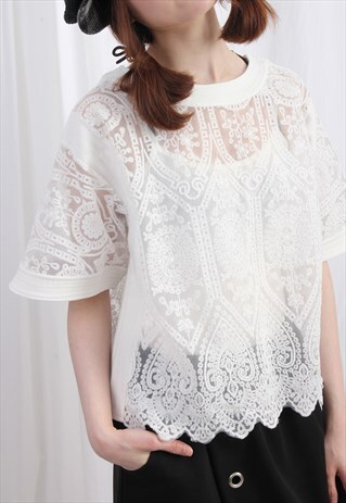 (KOREAN) ETHNIC EMBROIDERY MESH BOXY TOP WHITE