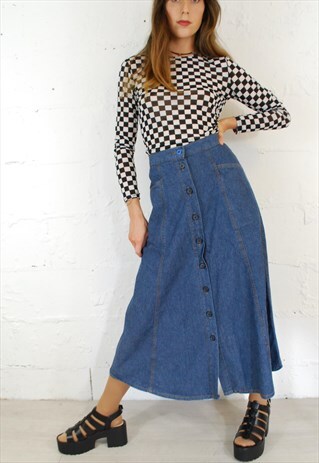 VINTAGE 90S BUTTON DOWN DENIM A LINE MIDI MAXI SKIRT