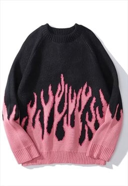 Oversize flame sweater grunge knitted fire jumper in pink