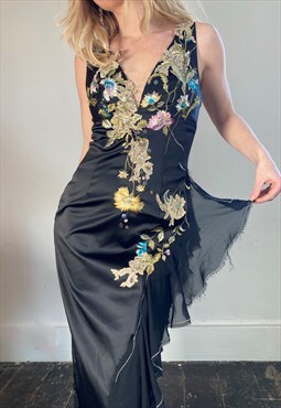 Satin Floral Applique Evening Dress Midi Prom, Gown,Revival