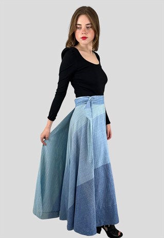 70's Vintage Blue Cheesecloth Wrap Maxi Skirt