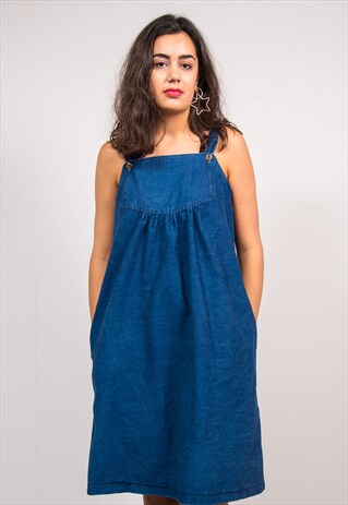 VINTAGE 90'S DARK BLUE DENIM STRAPPY SMOCK DRESS