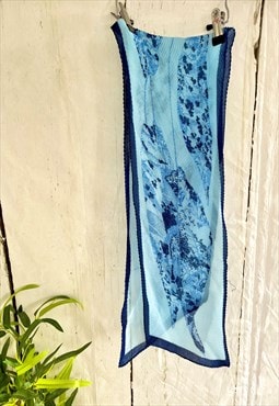 Vintage Blue Floral Crinkle 70's Long Thin Scarf