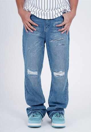 WASHED OUT JEANS STRAIGHT FIT RIPPED DENIM PANTS IN BLUE