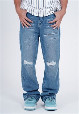 Washed out jeans straight fit ripped denim pants in blue