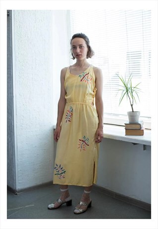 VINTAGE 80'S YELLOW GLITTER THREAD MIDI SUMMER DRESS