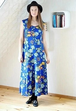 Bright blue long sleeveless vintage  floral dress