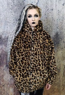 Leopard fleece jacket in brown animal print hooded bomber 