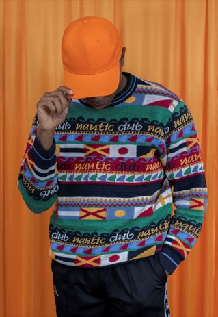 VINTAGE 80S JUMPER BLACK RED GREEN YELLOW STRIPED GRAPHIC