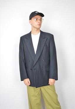 Vintage dark grey classic striped 80's wool suit blazer