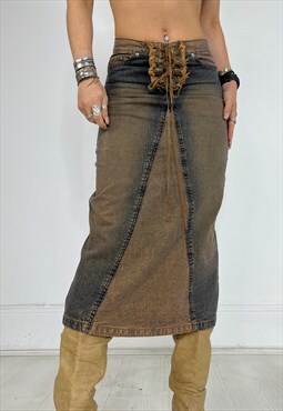 Vintage 90s Denim Skirt Midi Western Boho Lace Up Y2k Long