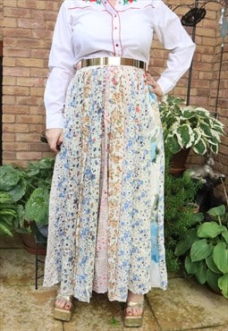 Retro 90s Cream Patchwork Floral Pattern Festival Maxi Skirt