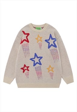 Star print sweater knitted rainbow jumper skater top cream
