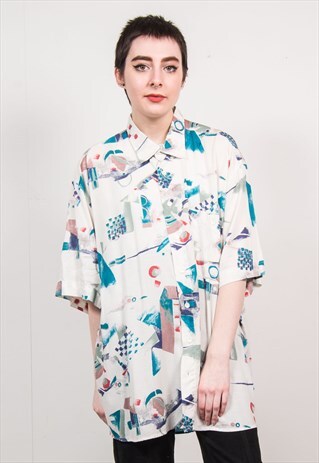 VINTAGE 90'S WHITE ABSTRACT PATTERN OVERSIZED SHIRT