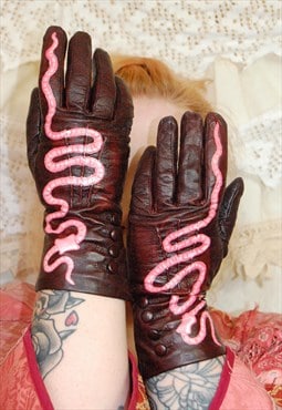 Dark Red Worm Gloves Hand Painted Kid Core Grunge S/M