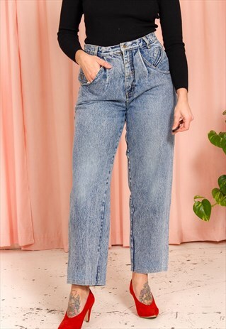 VINTAGE 90S HIGH WAISTED BLUE MOM JEANS IN ACID WASH 32W29L