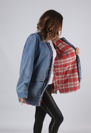 VINTAGE DENIM JACKET OVERSIZED LONG TARTAN LINED UK 14 (O1O)