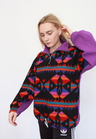 VINTAGE 90S AZTEC PATTERN 1/4 ZIP OVERSIZED FLEECE JACKET