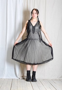 Y2K Beige Black Grunge Sheer Mesh V-Neck Midi Dress