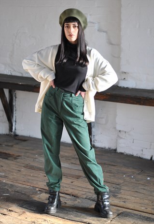 1980S VINTAGE GREEN TAPERED COTTON TROUSERS