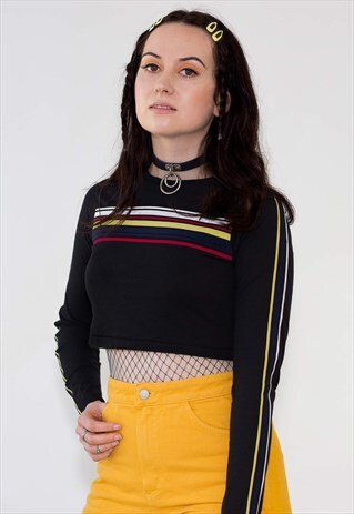 BIG STRIPEY LIE BLACK LONG SLEEVE CROP TOP