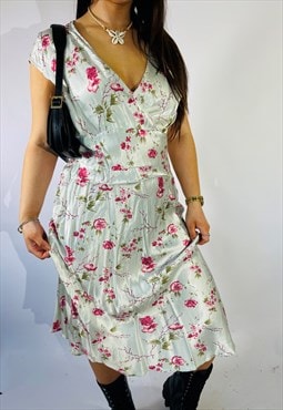 Vintage Size M Satin Floral Midi Slip Dress in Multi