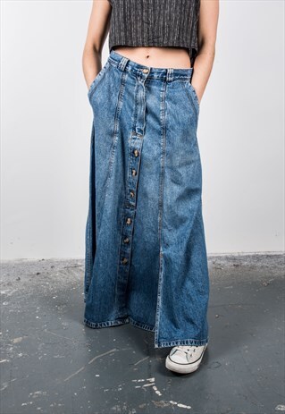 VINTAGE 1990S BLUE DENIM BUTTON DOWN MAXI SKIRT