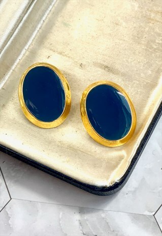80S BLUE & GOLD OVAL EARRINGS MINIMALIST VINTAGE JEWELLERY