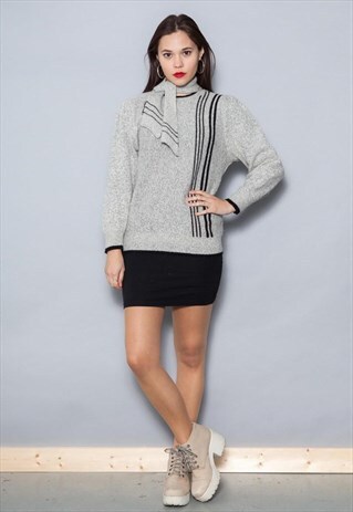 VINTAGE 80'S GREY WOOL BLEND NECK TIE JUMPER