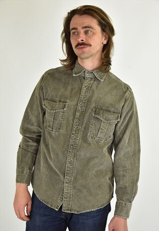 VINTAGE 90'S WOOLRICH CORDUROY GREEN GRAY SHIRT SIZE MEDIUM