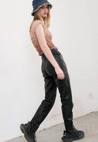 VINTAGE BLACK LEATHER RAVE TROUSERS MID WAIST STRAIGHT LEG