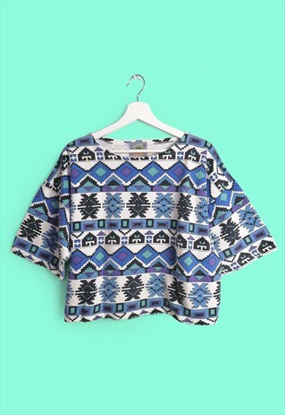 VINTAGE 80'S RETRO PATTERNED OVERSIZED COTTON KNIT CROP TOP