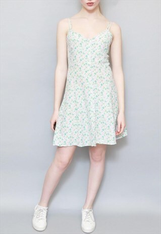 VINTAGE 1990'S PRETTY LIGHT PINK AND GREEN FLORAL MINI DRESS