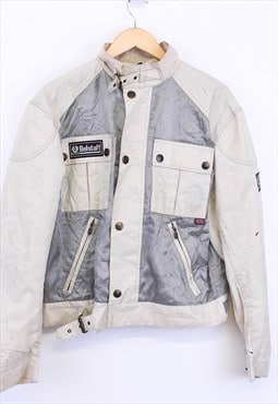 Vintage Belstaff Biker Jacket Beige Grey Zip Up With Logo