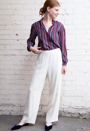 80'S VINTAGE JONES NEW YORK MAROON STRIPED L/S BLOUSE SHIRT