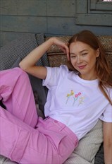 Embroidered trio of Spring flowers T-shirt