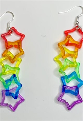 UNISEX CUTE HANDMADE FUNKY RAINBOW STAR LINK CHAIN EARRINGS