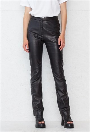 VINTAGE BLACK STRAIGHT CUT LEATHER TROUSERS BOTTOMS