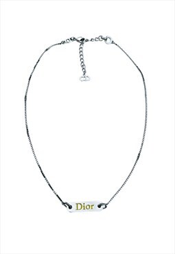 Dior Necklace Silver Monogram Tag Logo Yellow Letters Chain 