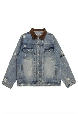 Ripped denim jacket corduroy collar jean blazer bomber blue