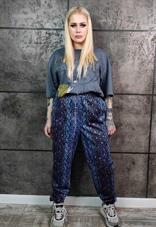 SNAKE PRINT JOGGERS HANDMADE PYTHON OVERALLS IN PURPLE BLUE